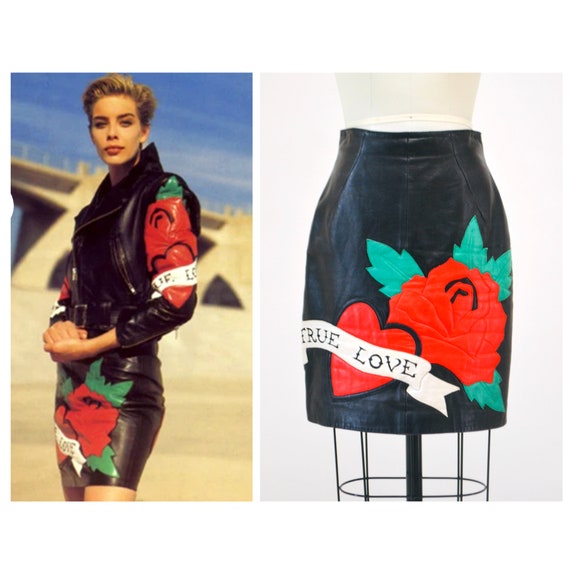 Vintage Black Leather Skirt with True Love Heart … - image 1