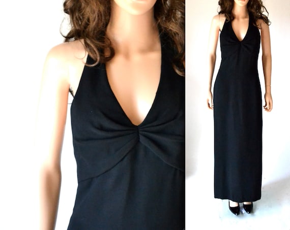 90s Vintage Evening Gown Size Small in Black By Chris Kole for Saks Fifth Avenue Halter Dress Long Black Dress