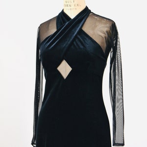 90s Vintage Black Velvet Prom Dress Illusion Dress Medium// Black Body Con 90s Prom Dress Bondage Dress Medium Sheer Sleeve long Black Dress image 5