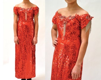 90s Vintage Red Sequin Dress Evening Gown Red 80s Prom DRess Small// Vintage Red Sequin Pageant Evening Gown Dress 80s 90s Drag Queen Dress