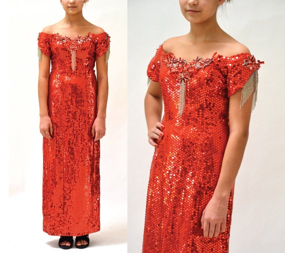 90s Vintage Red Sequin Dress Evening Gown Red 80s… - image 1