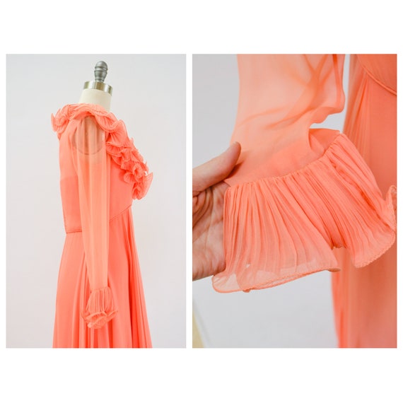 70s Alfred Bosand Vintage Peach Ruffle Dress Long… - image 7
