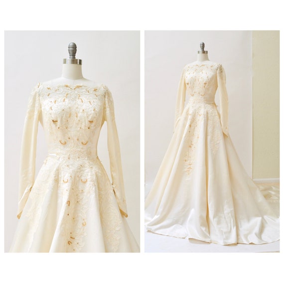 50s 60s Vintage Long Sleeve Wedding Dress Gown XS… - image 1