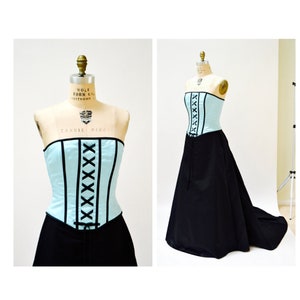 Vintage Black Ball Gown Evening Gown Dress Size Small With Train and Crinoline Skirt// 90s Prom Dress Black Blue Ball Gown with Corset Small image 1