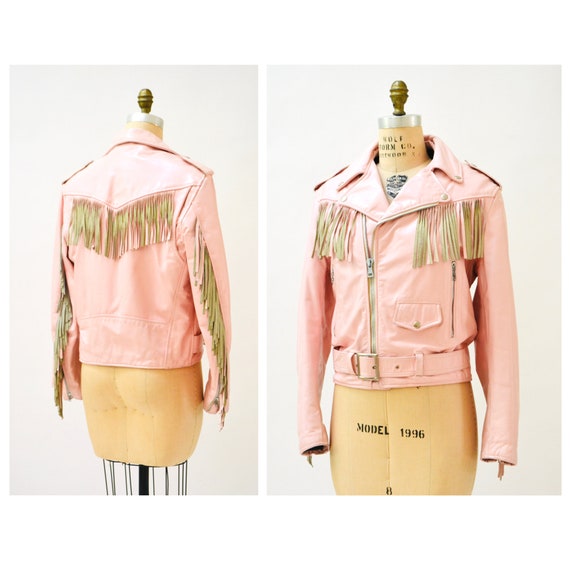 80s 90s Vintage PINK Leather Motorcycle Jacket Pa… - image 2