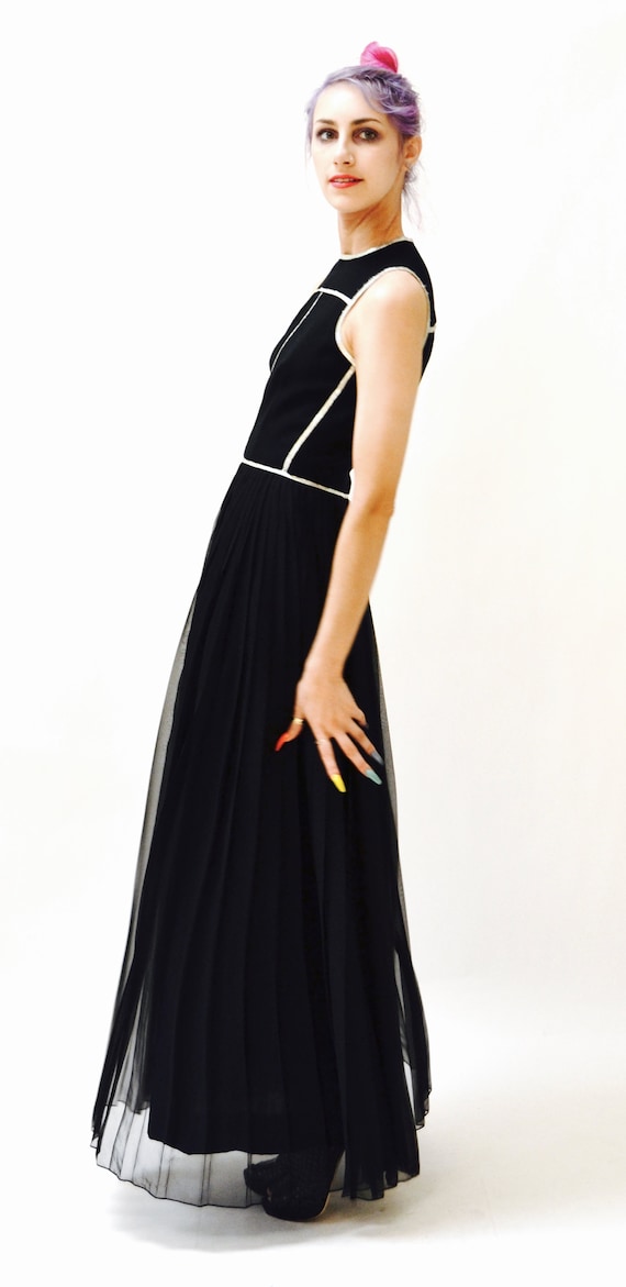 70s Black Maxi Dress Metallic silver Trim long Bl… - image 3