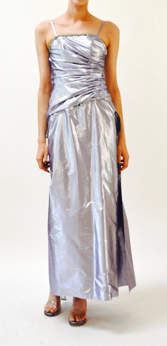 80s Metallic Prom Dress Size XXS XS Purple Silver… - image 3