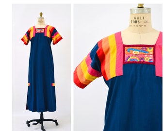 70s Embroidered Huipil Caftan Dress Vintage El Salvador Caftan Dress Boho 70s Embroidered Cotton Huipil 1970s Dress S M Navy Blue Rainbow