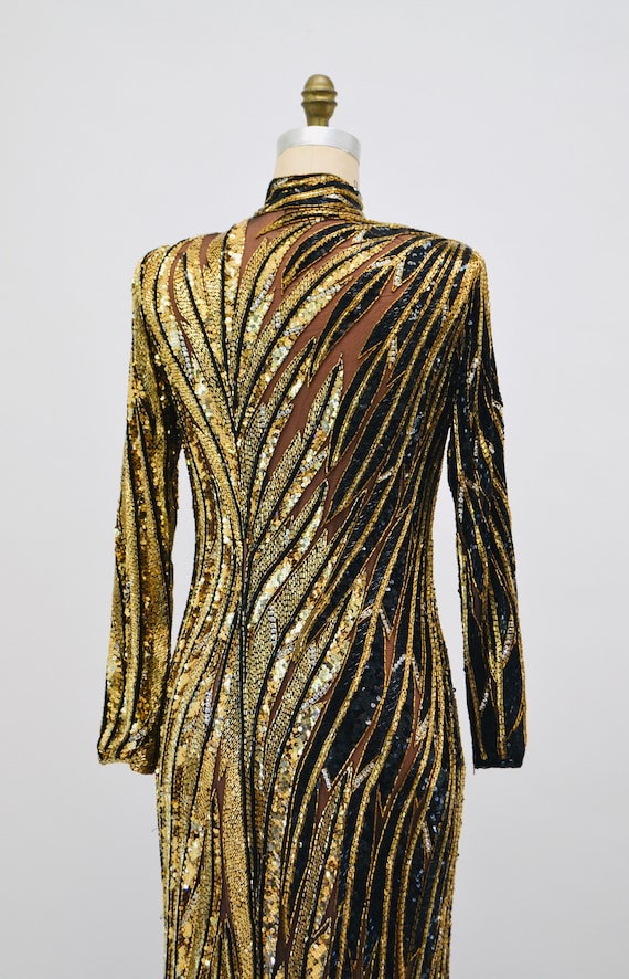 80s 90s Vintage Black Gold Beaded Sequin Gown Dre… - image 7