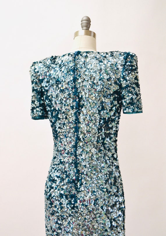 80s 90s Glam Vintage Blue Sequin Dress Size Small… - image 8