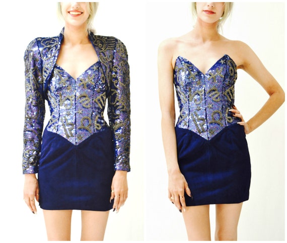 Vintage Sequin Jacket Blue and Gold Metallic Bole… - image 7