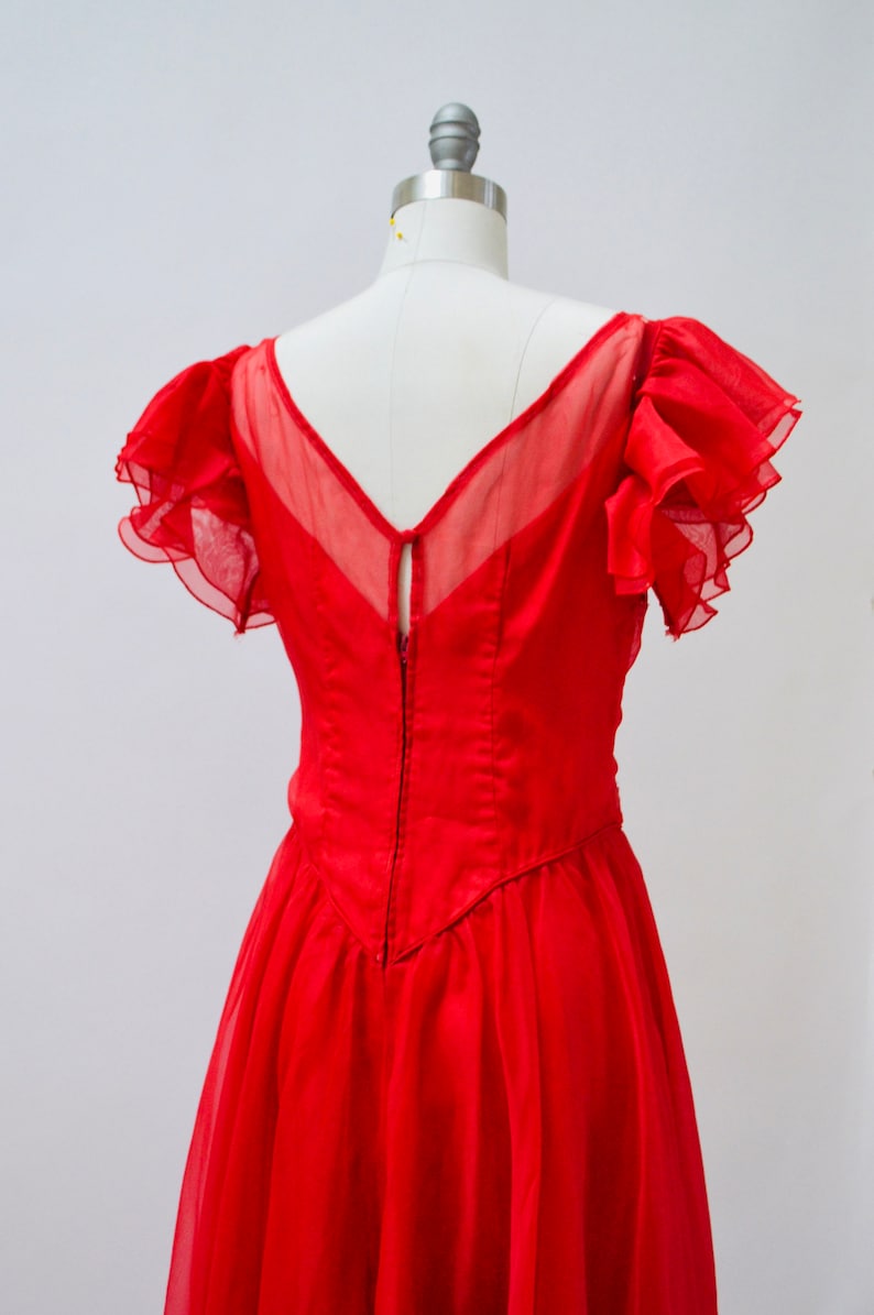 Vintage 70s Prom Dress Size Small Medium Red embroidered Ruffle Dress// 70s 80s Bridesmaid Dress Red Boho Prairie Southern Bell Dress image 6