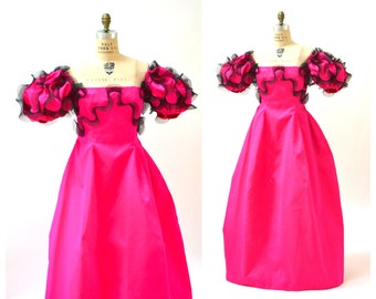 90s Vintage Pink Ball Gown Dress Small Medium By Bill Blass Bergdorf Goodmans Bright Pink Ruffle Gown Dress Off the Shoulder Dress