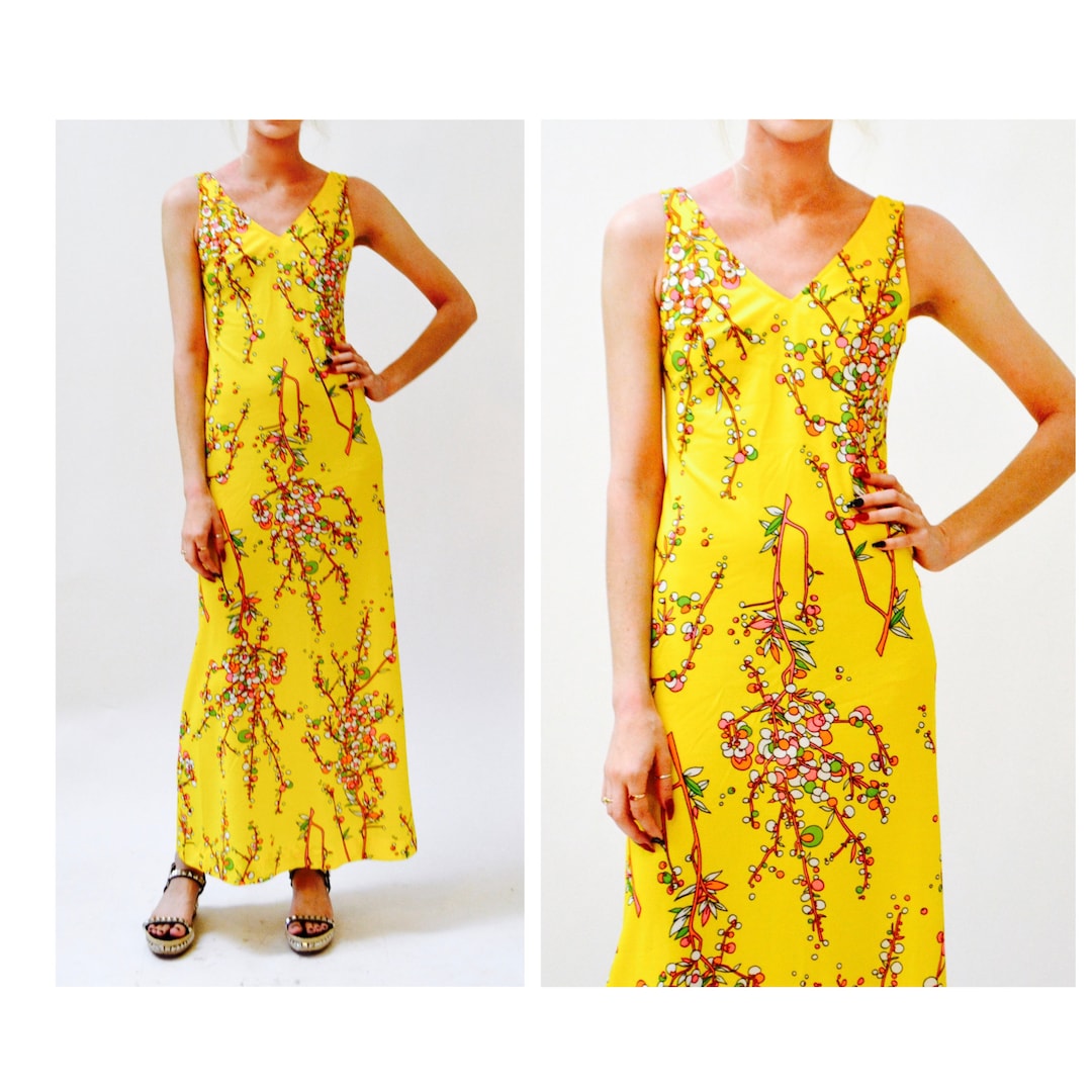 60s 70s Vintage Maxi Dress Hawaiian Floral Print Dress Yellow Size ...