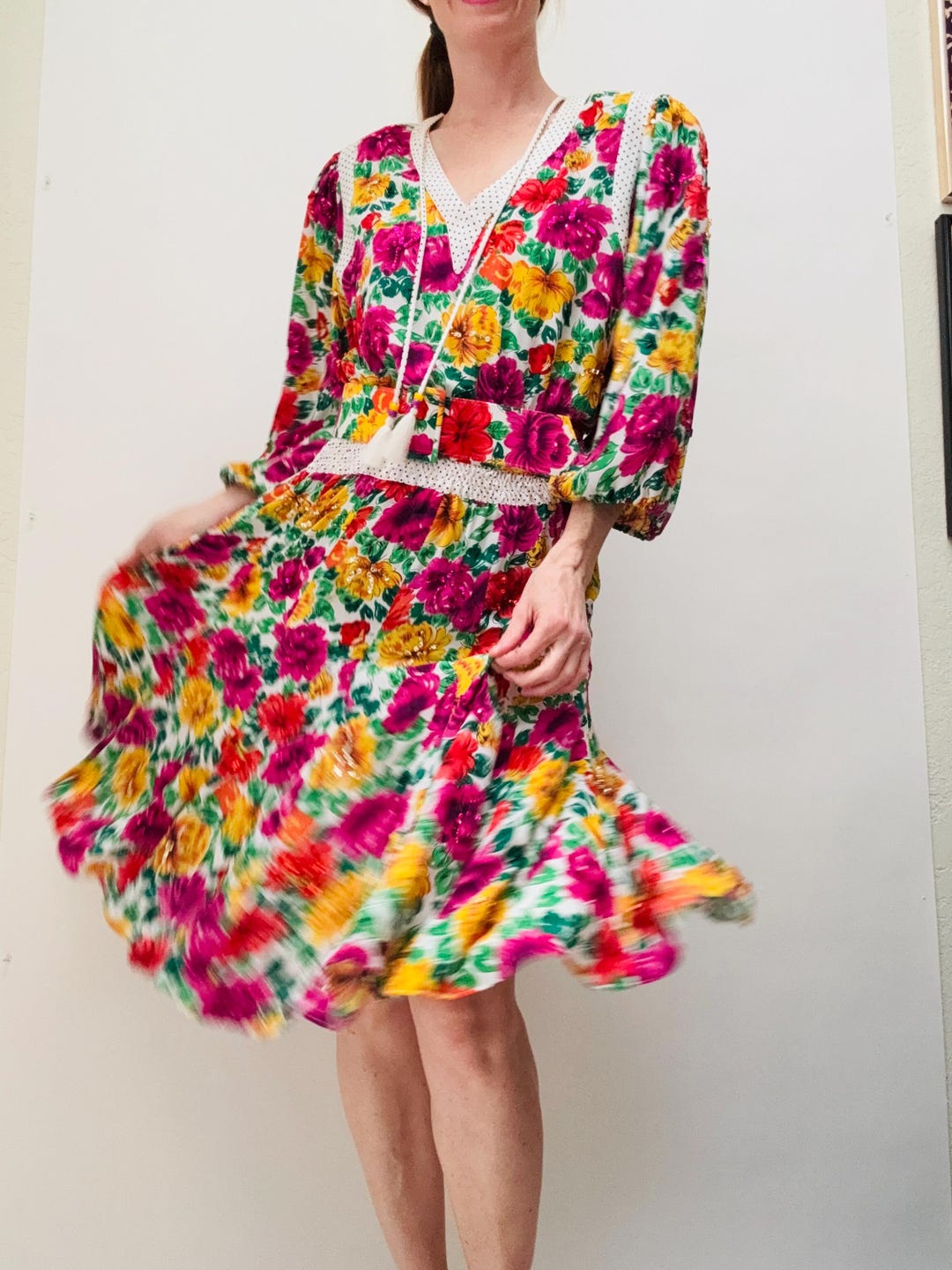 80s Ruffles 80s 90s Vintage Floral Print Ruffle Dress Medium Large Pink Purple ...