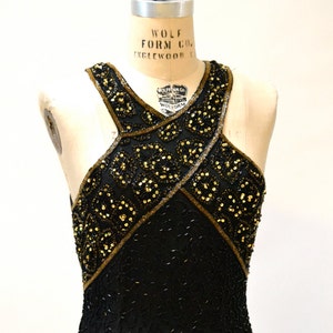 Vintage Beaded Dress Size Medium Large Black and Gold Art Deco// 90s Prom Dress Black Metallic Body Con Beaded dress Size Medium Large image 3