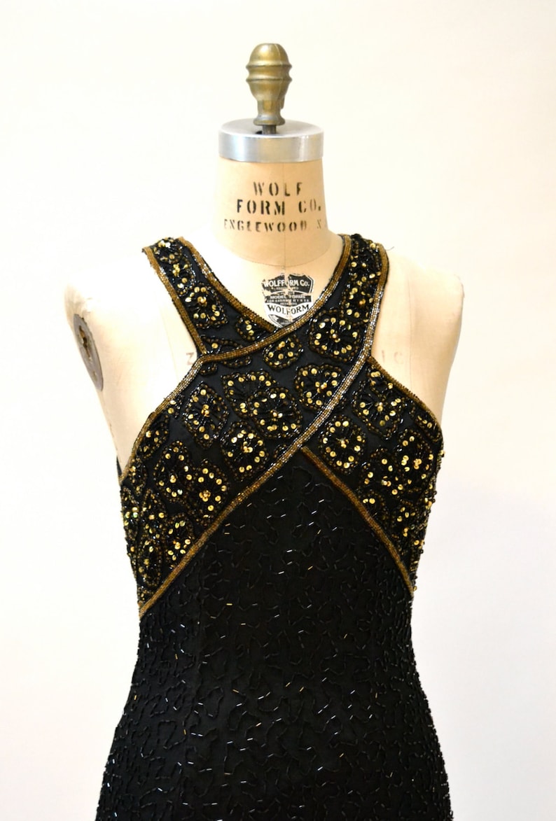 Vintage Beaded Dress Size Medium Large Black and Gold Art Deco// 90s Prom Dress Black Metallic Body Con Beaded dress Size Medium Large image 3