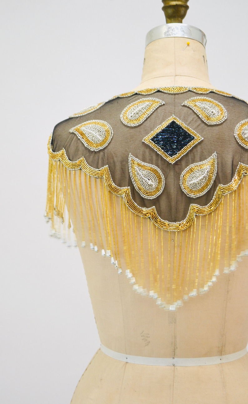 80s 90s Vintage Gold Black Beaded Fringe Shawl Wrap Burlesque Wedding Flapper Gold Metallic Beaded Vintage Fringe Collar Shawl Gold Flapper image 6