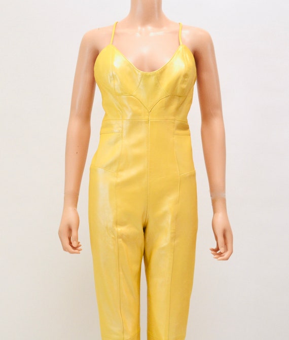 2000s Y2k Yellow Leather Jumpsuit Cat Suit Yellow Lea… Gem