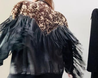 Vintage Black Leather Jacket Fringe Michael Hoban North Beach Leather Mens// Vintage Black Leather Moto Biker Jacket with Fringe Large