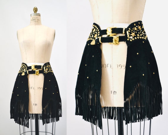 90s Vintage Black Leather Fringe Belt Skirt MEDIU… - image 1