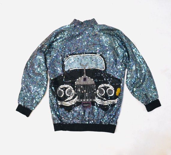 80s 90s Vintage Sequin Jacket With Rolls Royce Car Hologram Sequin