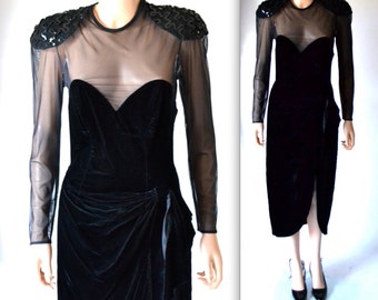 vintage 90s Prom Dress Black Velvet Illusion Dress Size Small Medium par Betsy et Adam// vintage Black Body Con Sequin Dress