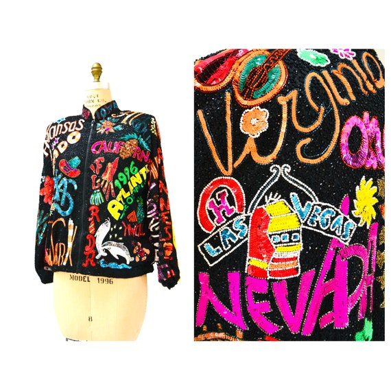 80s 90s Pop Art Vintage Sequin Jacket Black with … - image 2