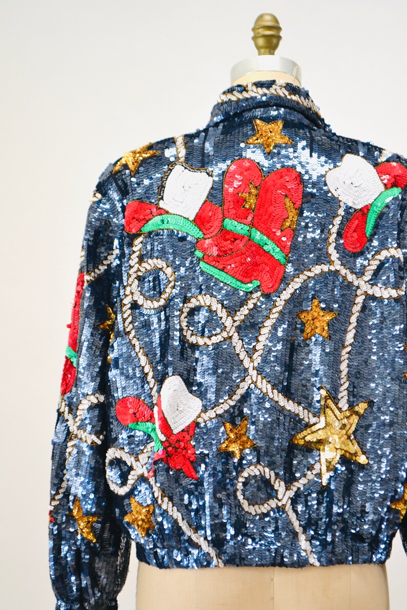 80s 90s Vintage Sequin Jacket Large Blue Metallic Gold Stars Rodeo Rhinestone Cowboy Cowgirl Sequin Jacket USA America Stars Rodeo Modi image 8