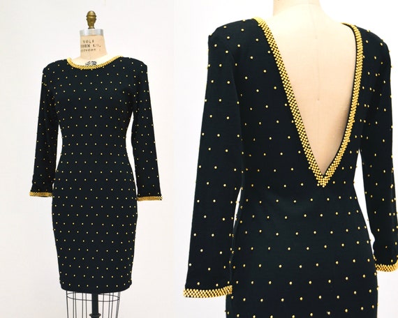 80s 90s Vintage Black Beaded Dress Gold Metallic … - image 1