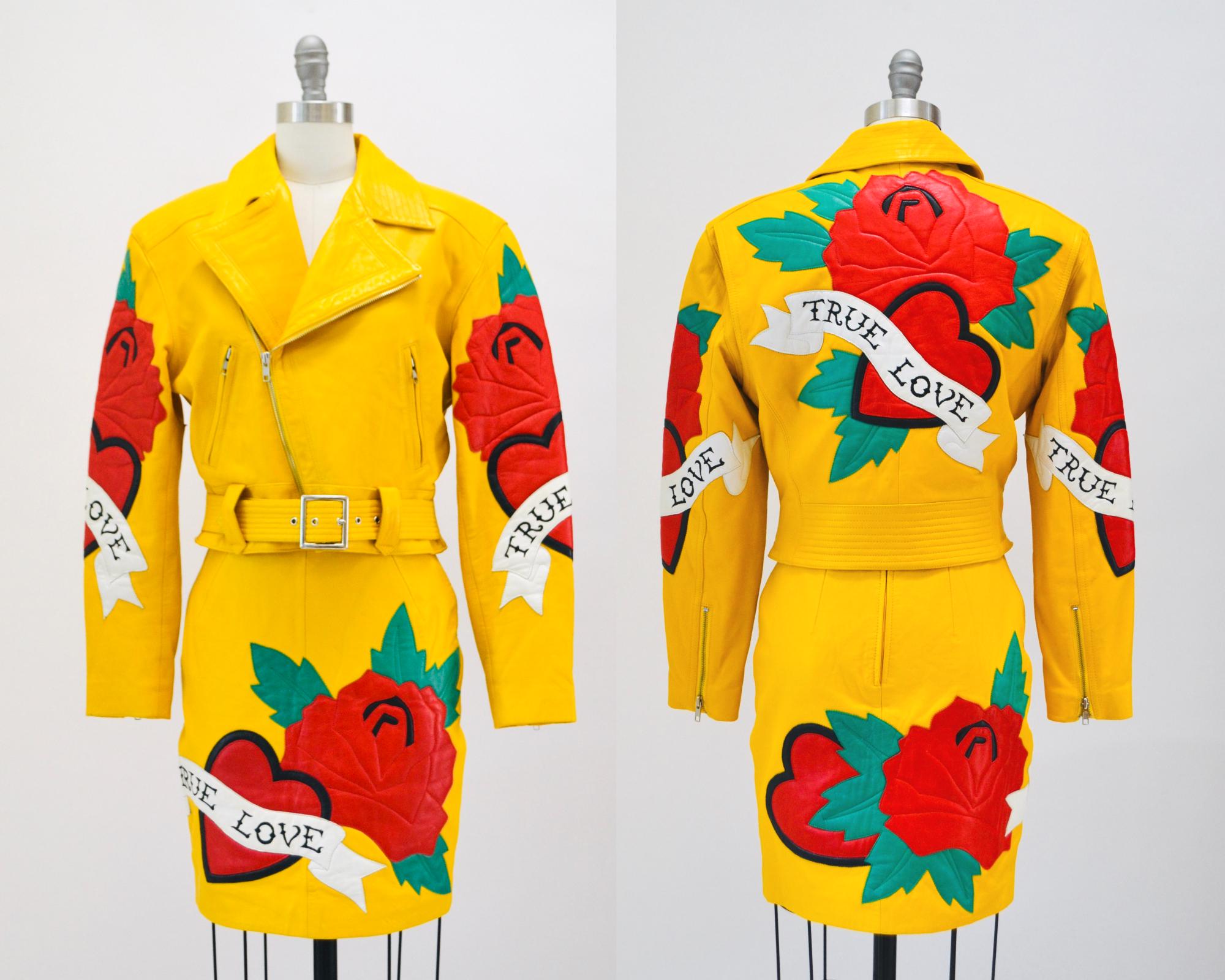 90s Vintage Yellow Leather Motorcycle Jacket Skirt by North Beach