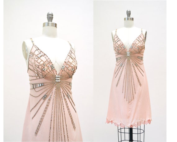 2000s Y2k Vintage Pink Silk Rhinestone Slip Dress… - image 1