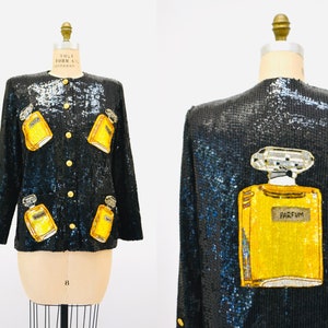 80s 90s Vintage Black Sequin Jacket with Perfume Bottles By Jeanette for St martin Size Medium 80s 90s Pop Art Perfume Sequin bottles