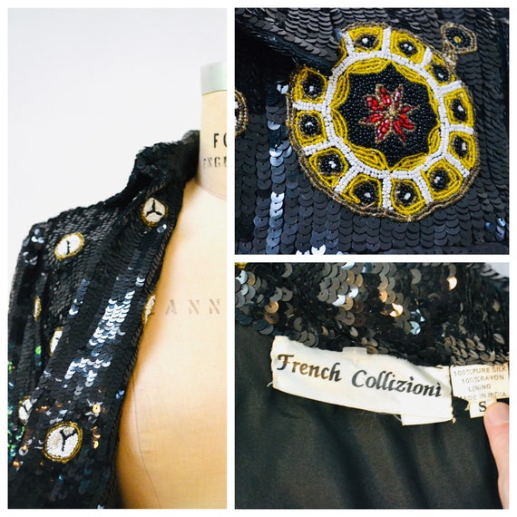 80s 90s Vintage Sequin Jacket Black Gold Metallic… - image 10