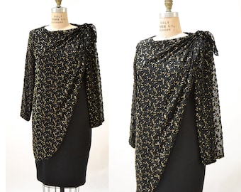 Abito nero vintage glamour anni '80, taglia grande, abito in velluto nero metallizzato oro di Richilene// Abito vintage anni '80 oro e nero, abito grande drappeggiato