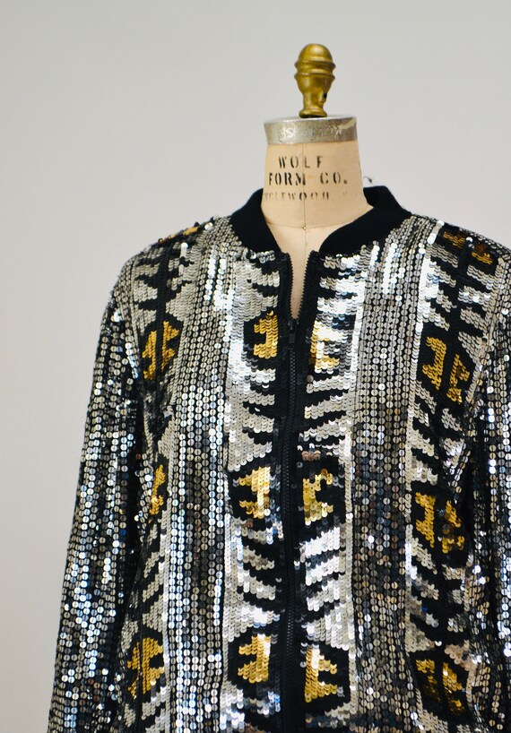 Vintage 80s 90s Silver Sequin Party Bomber Jacket… - image 6