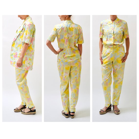 90s Vintage Printed Suit By ESCADA Yellow Blue Ja… - image 7