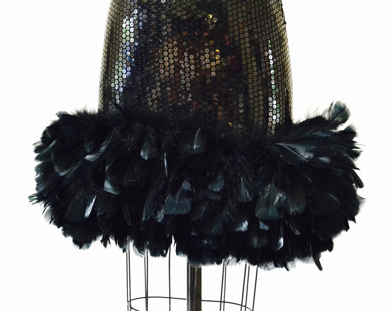 80s Vintage Black Sequin Feather Dress Small // Vintage Party Flapper Black sequin Dress Feather Boa Showgirl Dress Small Dana Deatherage image 5