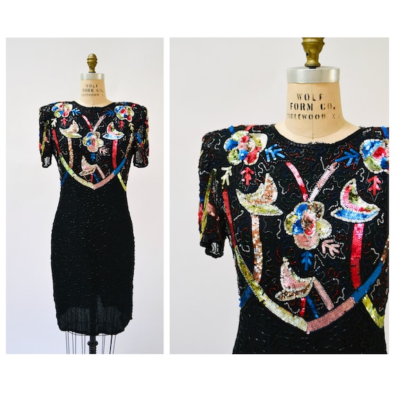 Vintage Black Sequin Beaded Dress Large Flower Be… - image 2