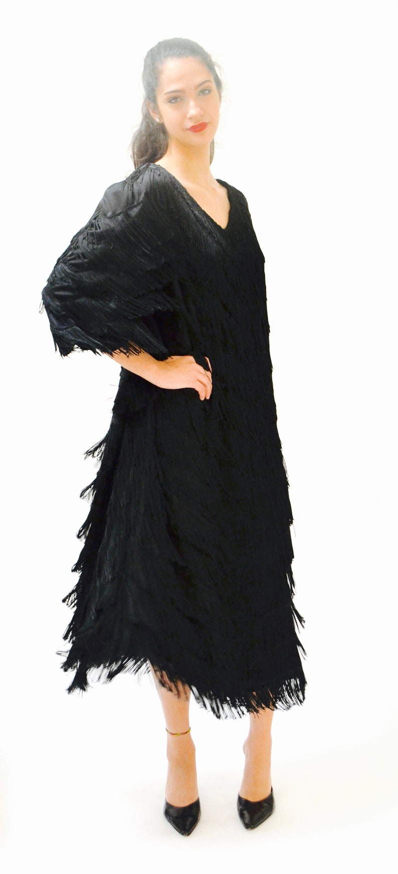 80s does 20s Vintage Black Flapper Fringe Dress Size xl xxl Plus Size// Vintage Black Fringe Party Flapper Dress Size XL xxl Dress image 8