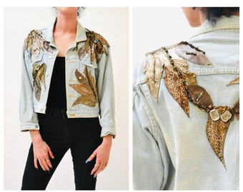 80s Vintage Denim Jacket Leather Rhinestone Medium // 90s 80s  Glam Denim Jean Jacket Womens Beaded Flower Leather Jean Jacket Art to Wear