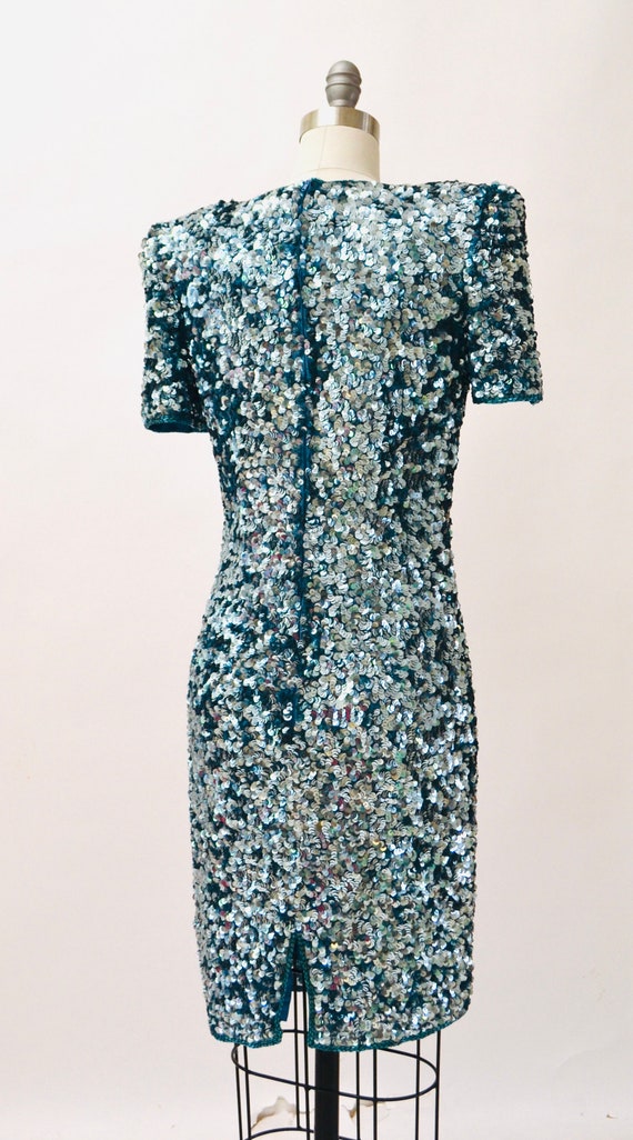 80s 90s Glam Vintage Blue Sequin Dress Size Small… - image 9