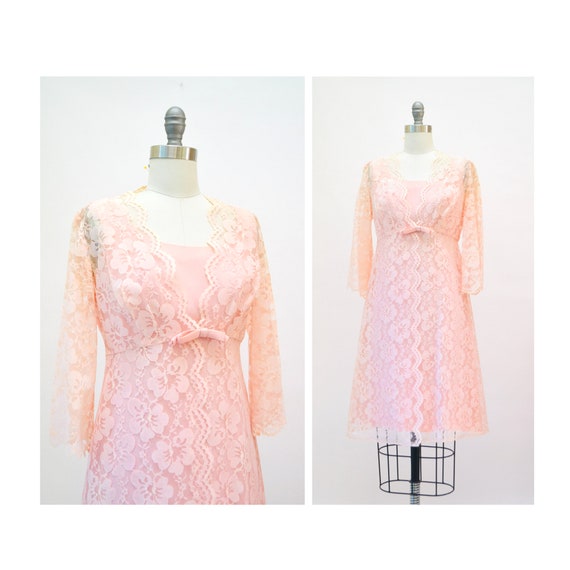 60s 70s Vintage Pink Lace Party Cocktail Dress si… - image 1