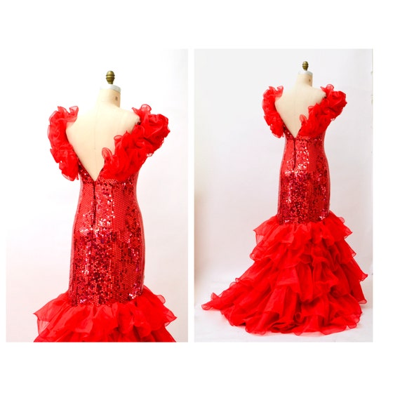 80s 90s Prom Dress Red Sequin Gown Small Medium /… - image 5