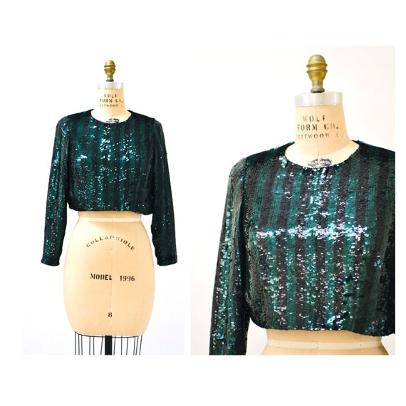 90s 00 Vintage Sequin Shirt Crop Top Medium Large… - image 1