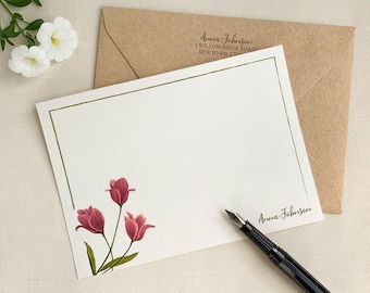 Personalized Spring Pink Tulip Notecards. Eco Friendly Watercolor Stationery Set of 10 Flat Notecards In Larger A6 Card Size.