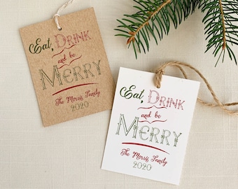 Eat, Drink, And Be Merry Personalized Holiday Gift Tags. Set of 9 Eco Friendly Food & Wine Gift Tags.