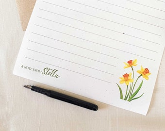 Personalized Yellow Daffodils Pen Pal Stationery Set. Eco Friendly Cute Letterhead Set of 10.