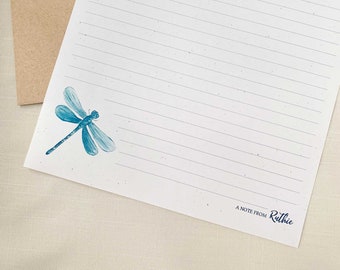 Personalized Blue Dragonfly Pen Pal Stationery Set. Eco Friendly Cute Kids Letterhead Set of 10.