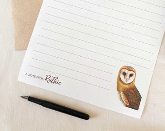 Personalized Barn Owl Watercolor Pen Pal Stationery Set. Eco Friendly Cute Letterhead Set of 10.